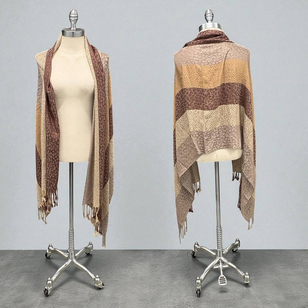 Pashmina Cahmere‎ Animal Print Stripe Wrap Scarf One Size Brown Tassel Fringe
